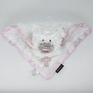 Demdaco Guardian Angel Bear Cross Lovey Security Blanket Rattle White Pink Satin